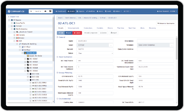 Cormant-CS asset tree and detailed asset record for a data centre device