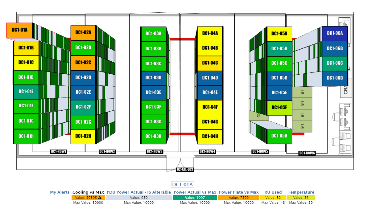 Cormant-CS visual floor view colour-coded by capacity and power with live metrics