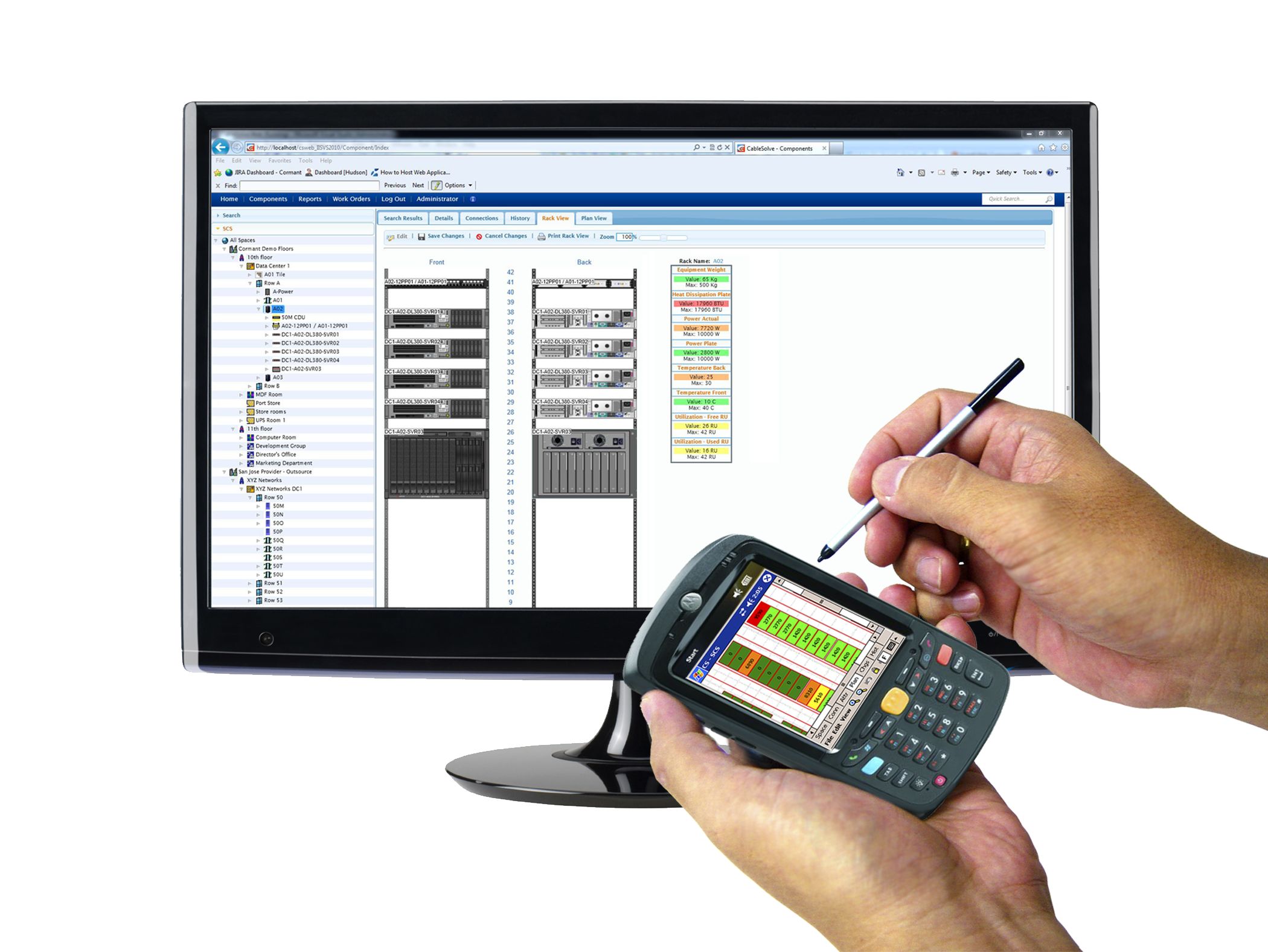 A technician auditing data centre assets on a handheld mobile device with Cormant-CS