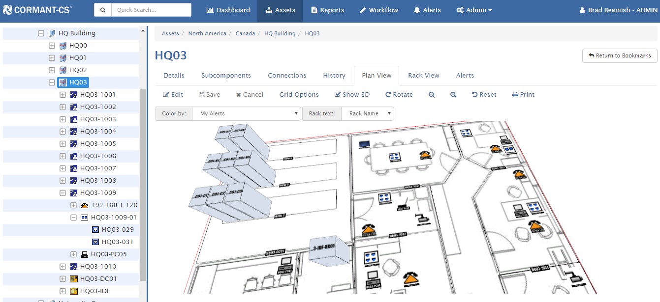 Cormant-CS plan view showing assets, racks and connections laid out across a floor